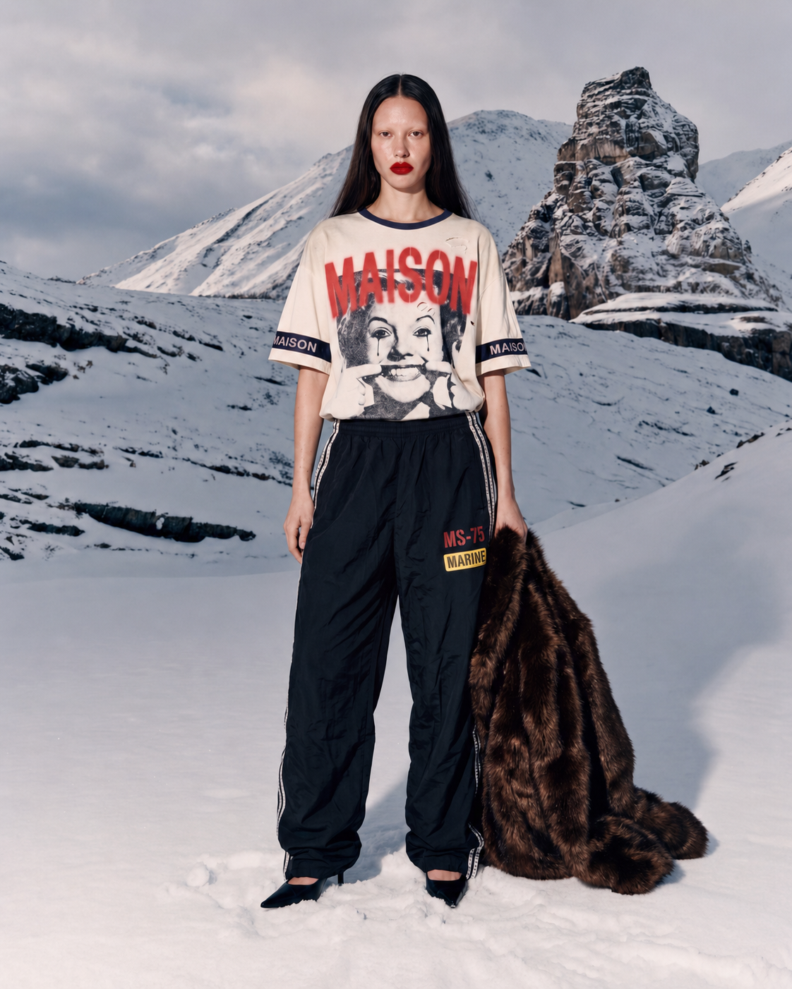 PLS Designs campaign — full look styled in a snow mountain editorial