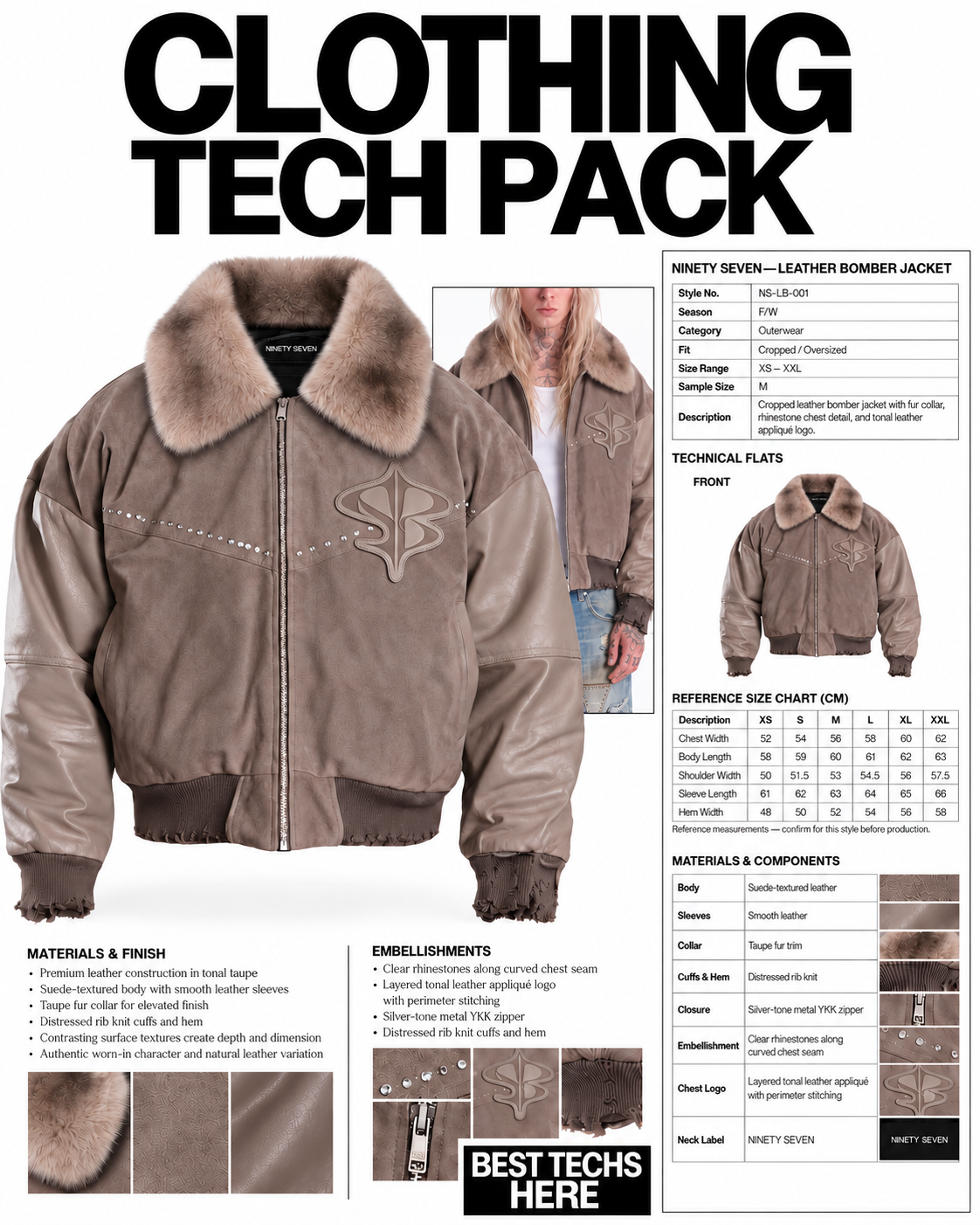 Ninety Seven leather bomber jacket clothing tech pack with materials, technical flats, measurements and construction details