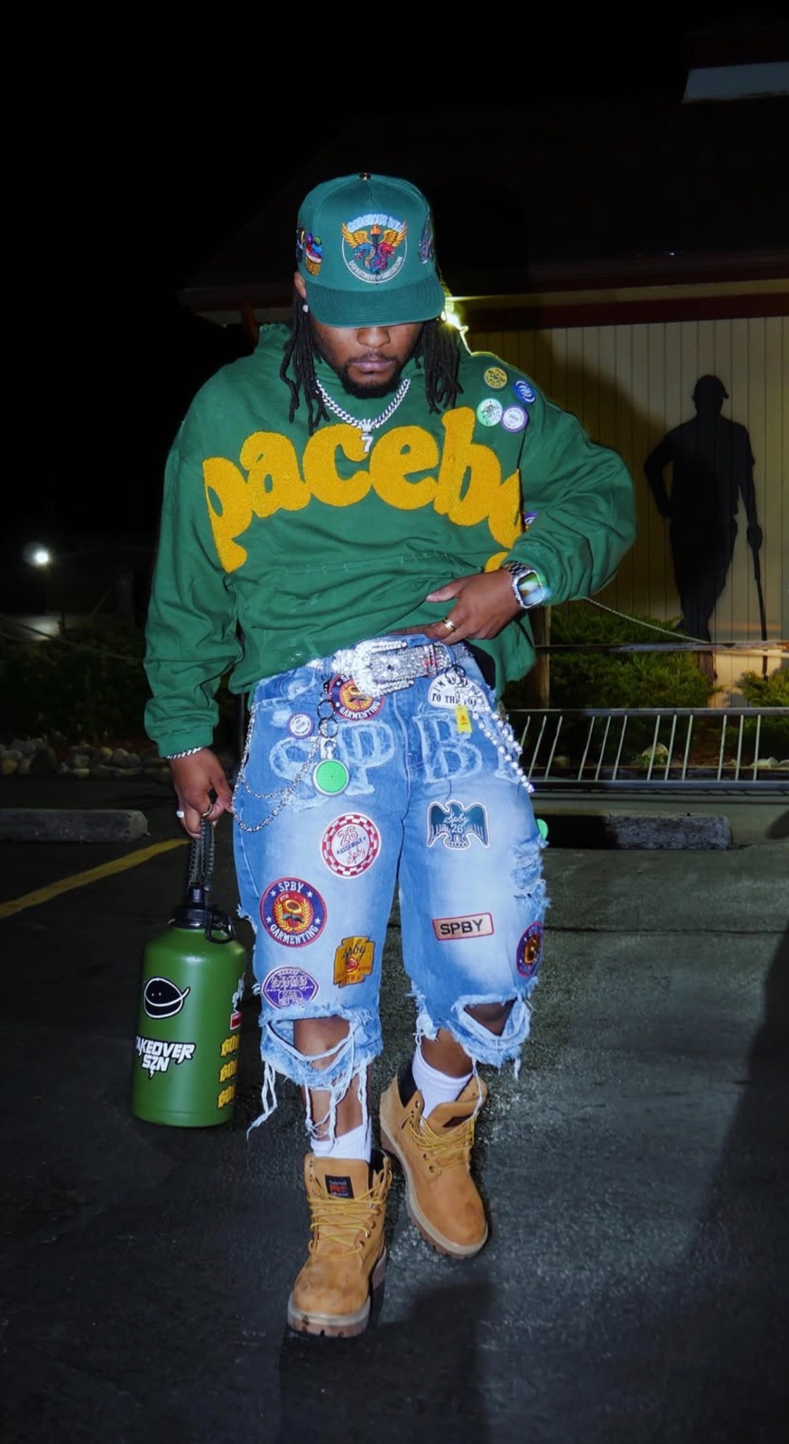 Green chenille hoodie and patched denim set designed by PLS