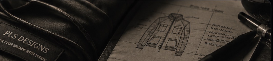 PLS Designs atelier — leather garment label and hand-sketched tech pack