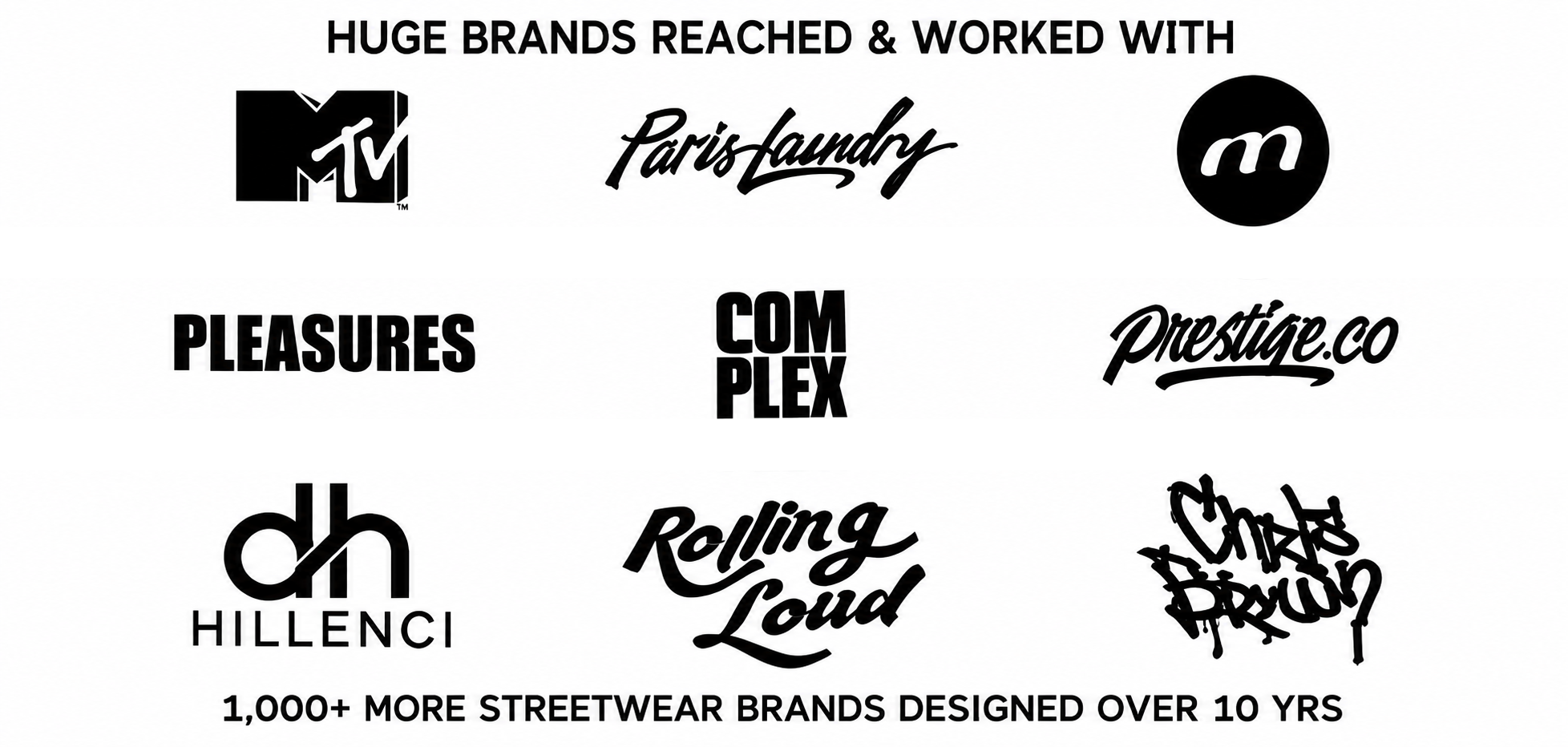 PLS Designs brand credibility wall featuring MTV, Paris Laundry, MNML, Pleasures, Complex, Prestige, Hillenci, Rolling Loud, and Chris Brown